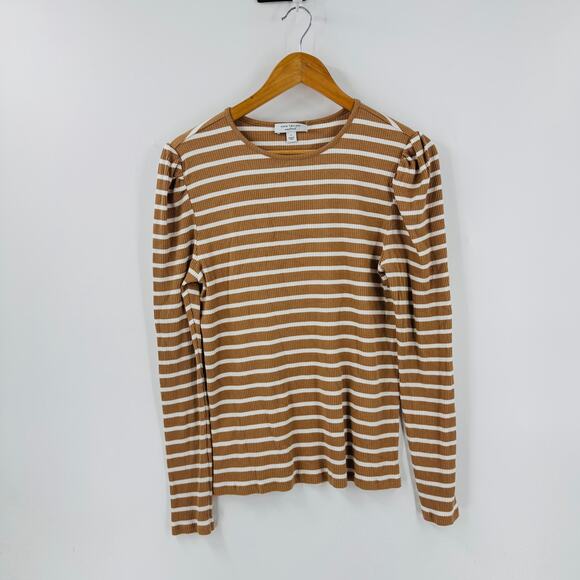 Ann Taylor Weekend Tan White Striped Puff Shoulder Ribbed Long Sleeve Top Size L - Picture 7 of 7